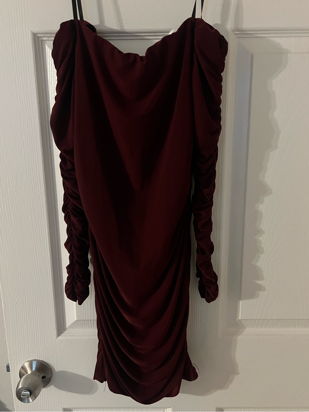 Ruched Long-Sleeve off shoulder Draped Dress in Deep Wine
